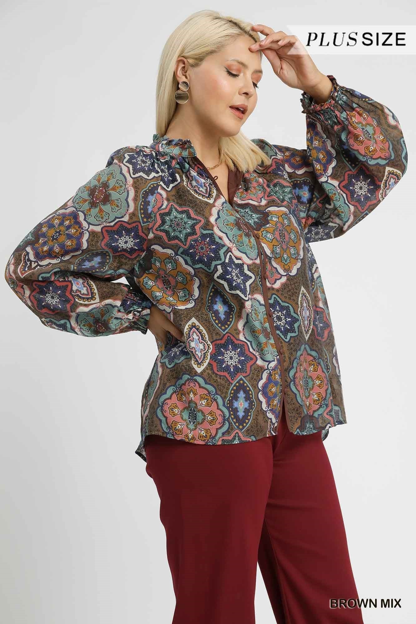 Umgee Boho Mosaic Print Button Down Blouse