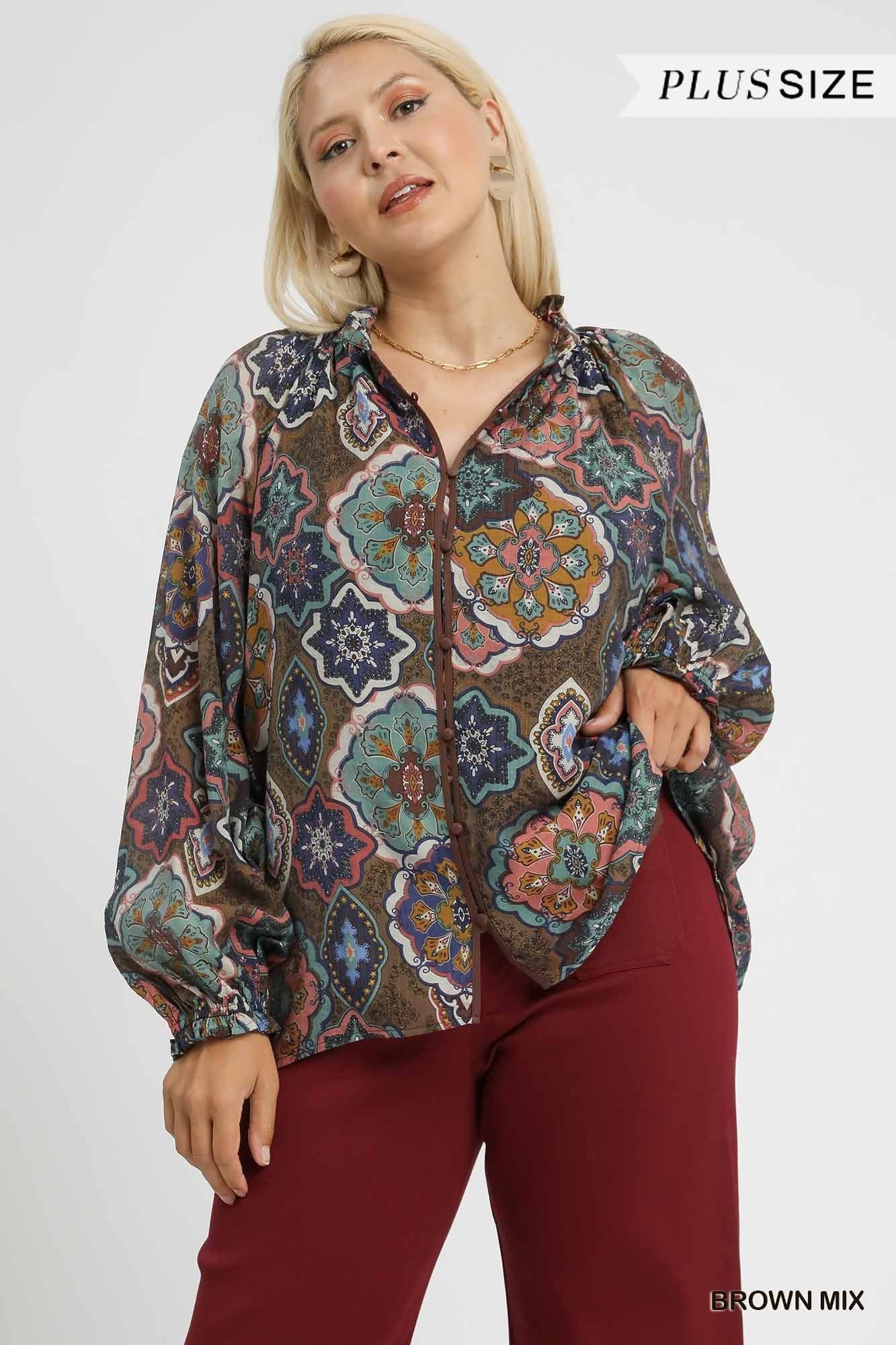 Umgee Boho Mosaic Print Button Down Blouse