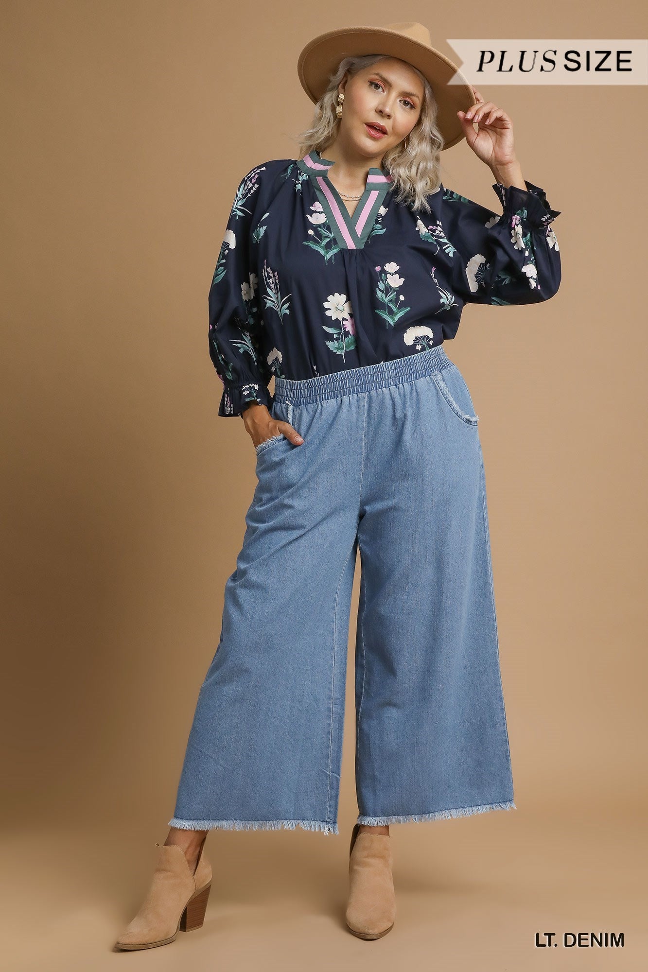 Umgee Washed Denim Pants with Fringe Hem - 2 Colors - Small -2X