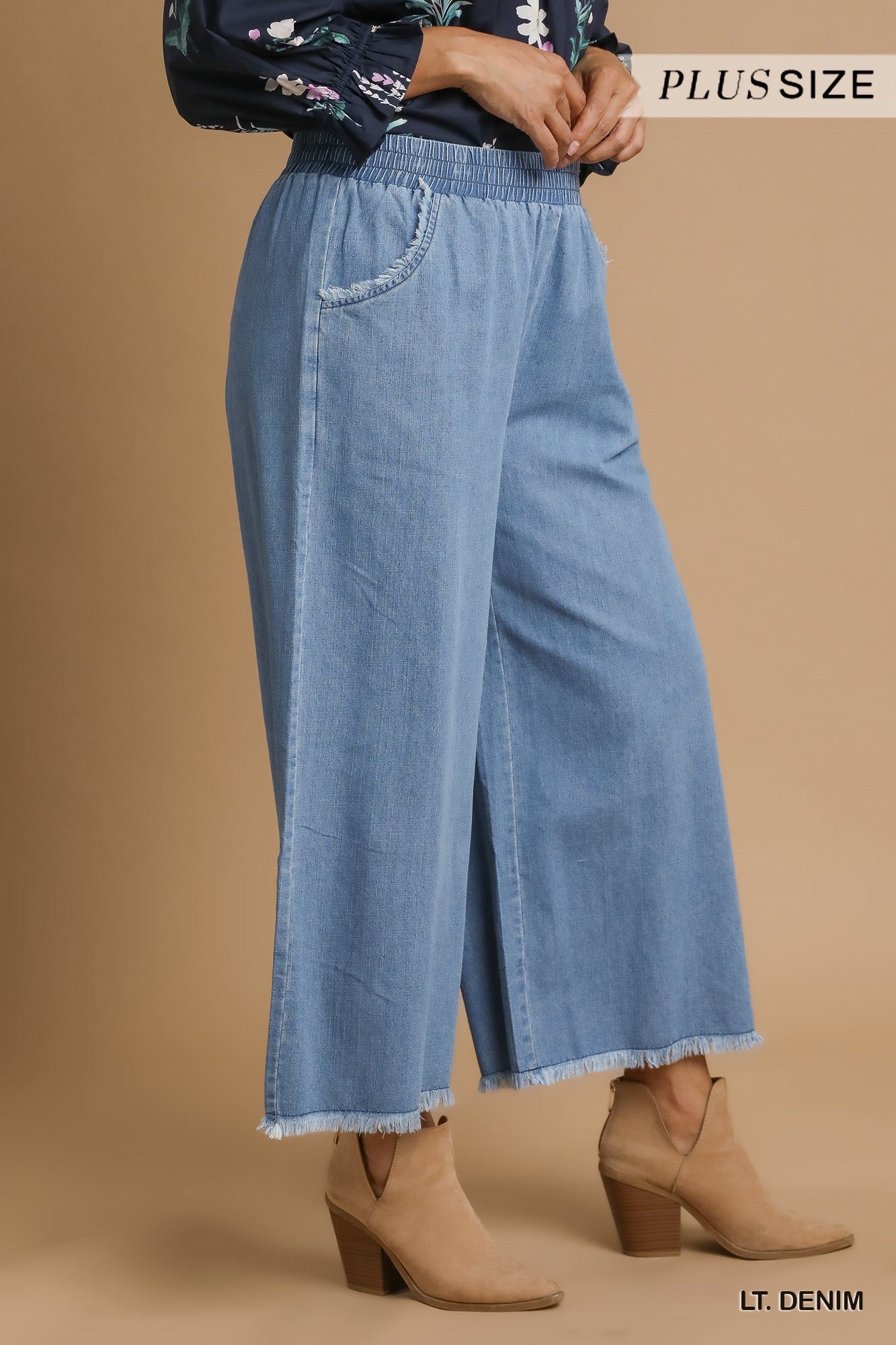 Umgee Washed Denim Pants with Fringe Hem - 2 Colors - Small -2X