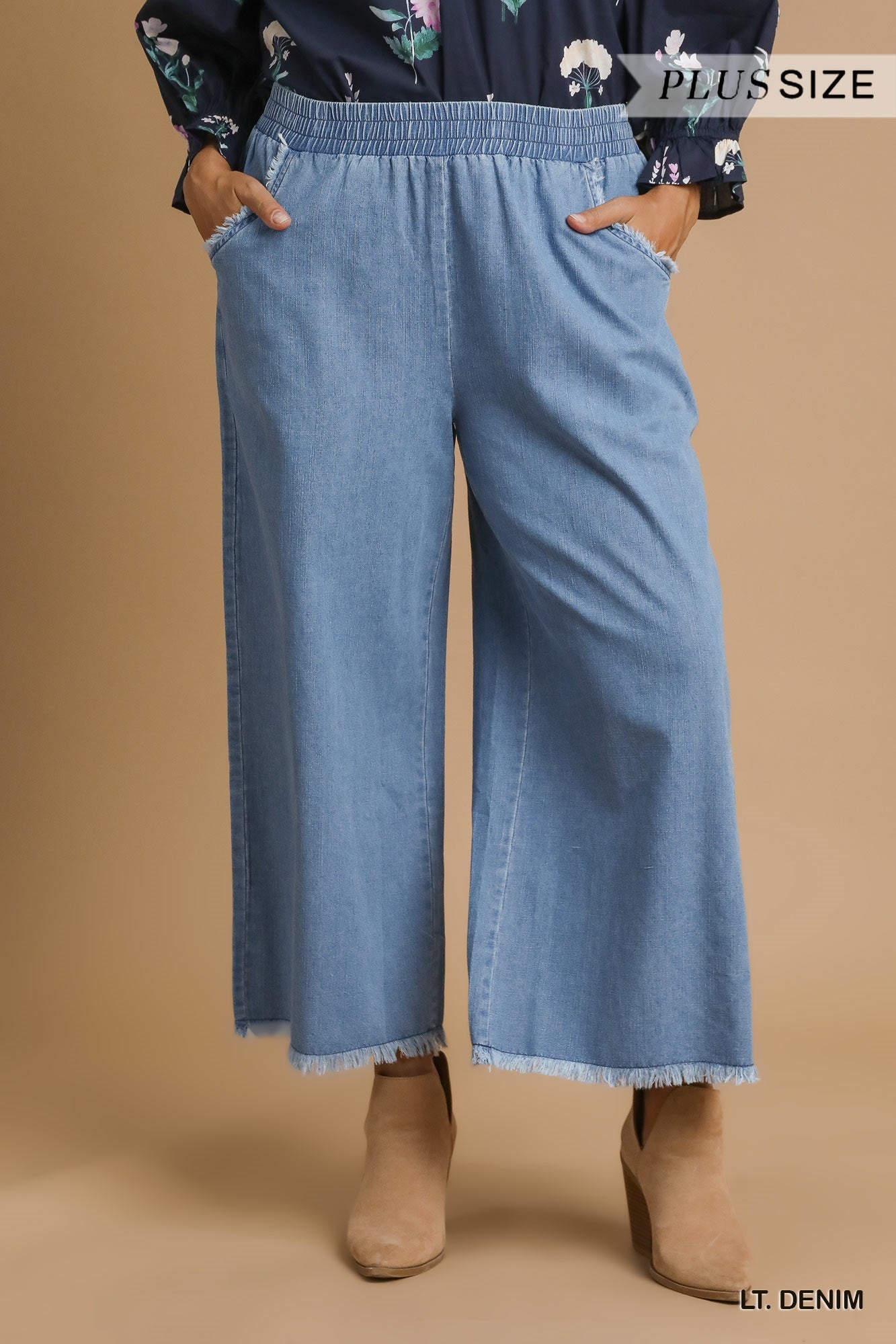 Umgee Washed Denim Pants with Fringe Hem - 2 Colors - Small -2X
