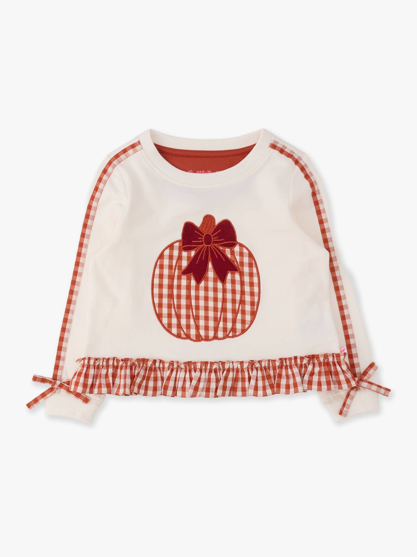 Girls Pumpkin Bow Ivory Applique Ruffle Bow Sweatshirt