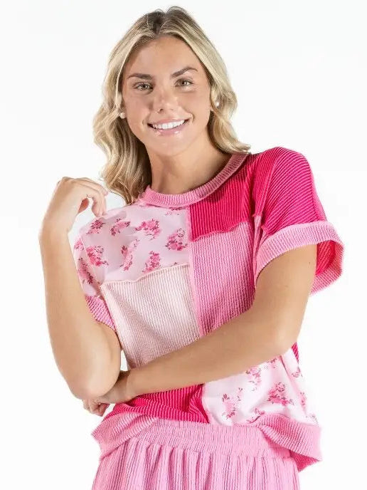 Simply Southern Pink Patchwork Corded Tee
