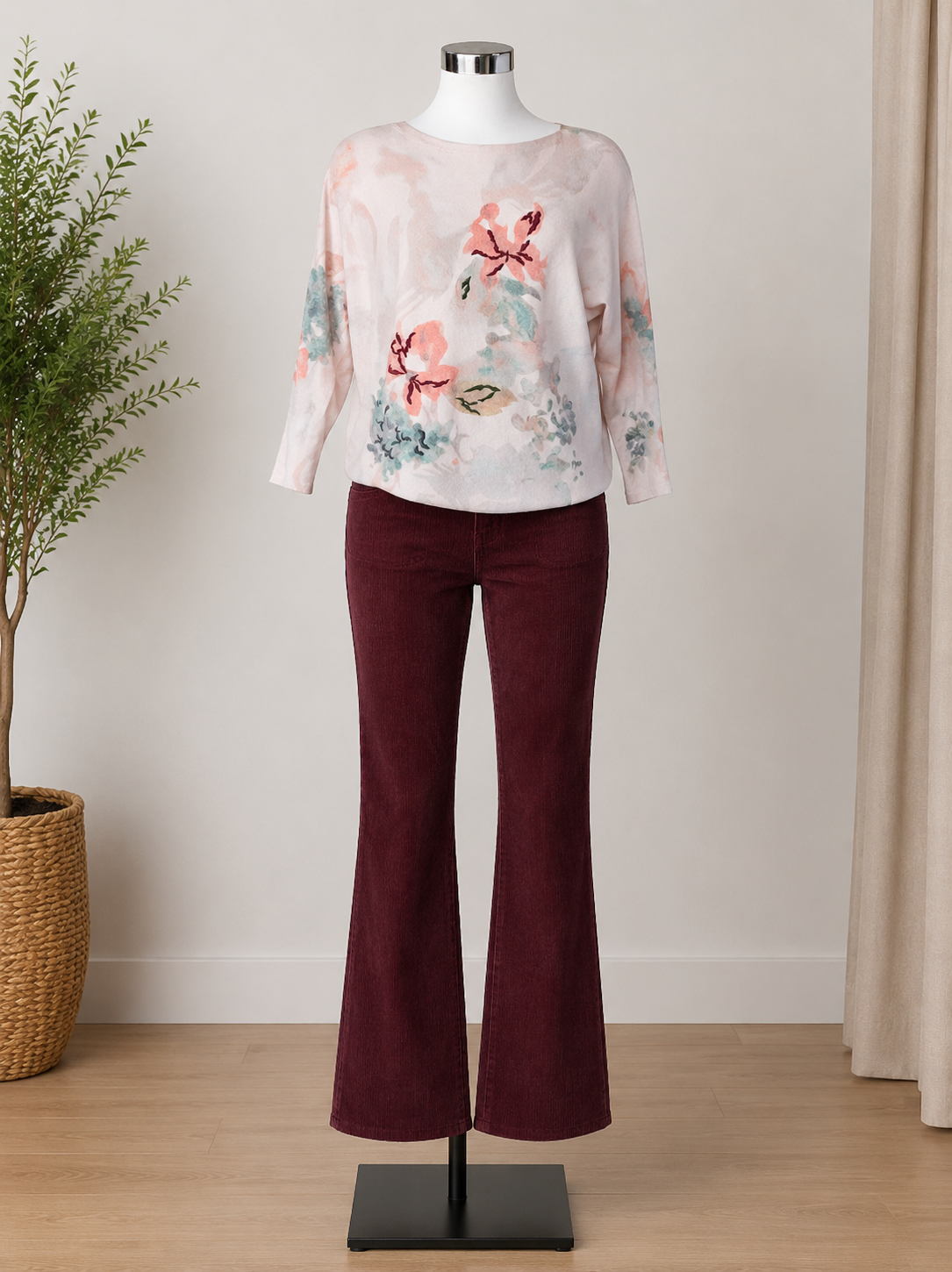Lightweight Tan Sweater with Floral Print and Embroidery Accents