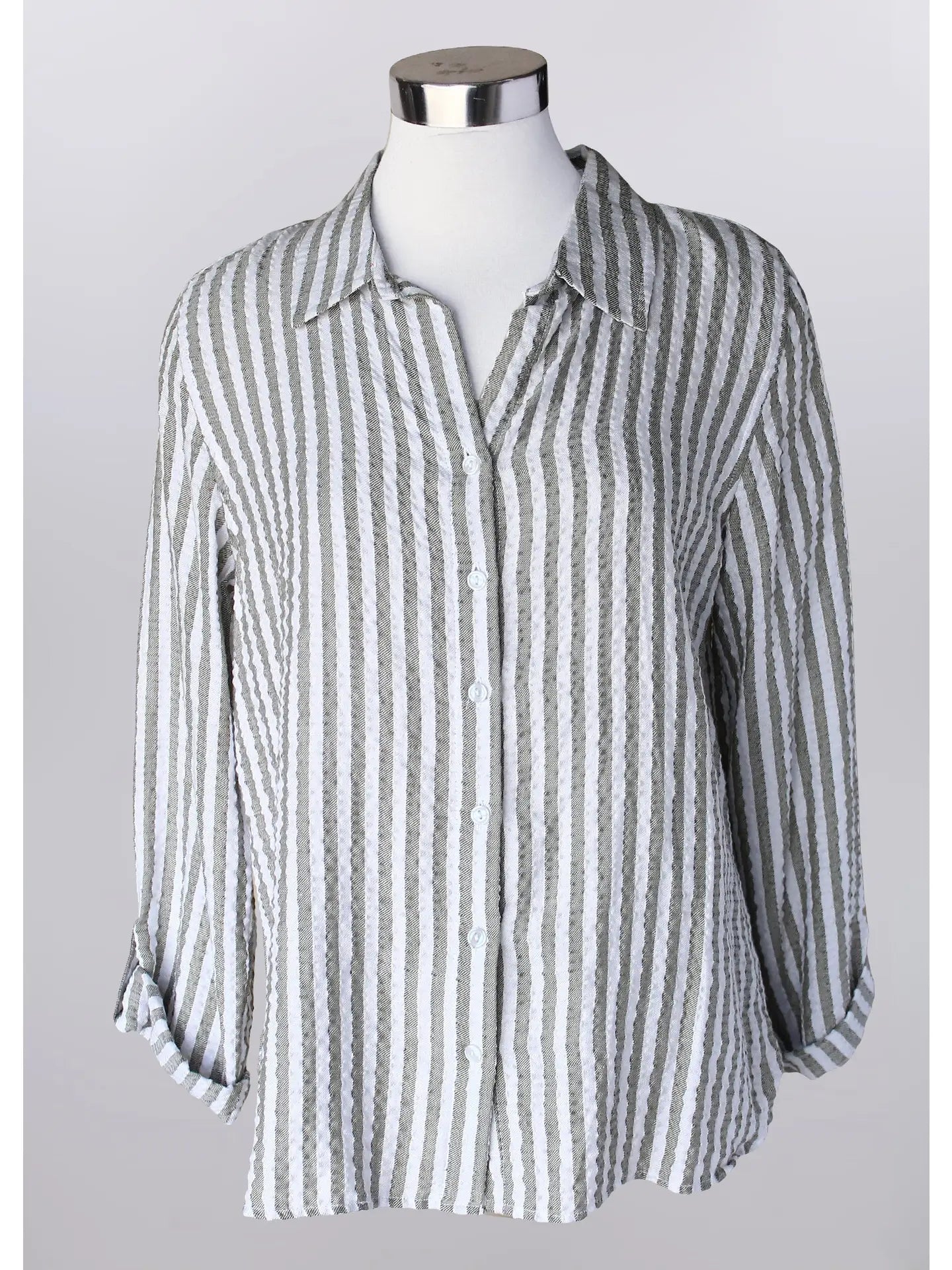 Keren Hart White & Olive Stripe Button Top