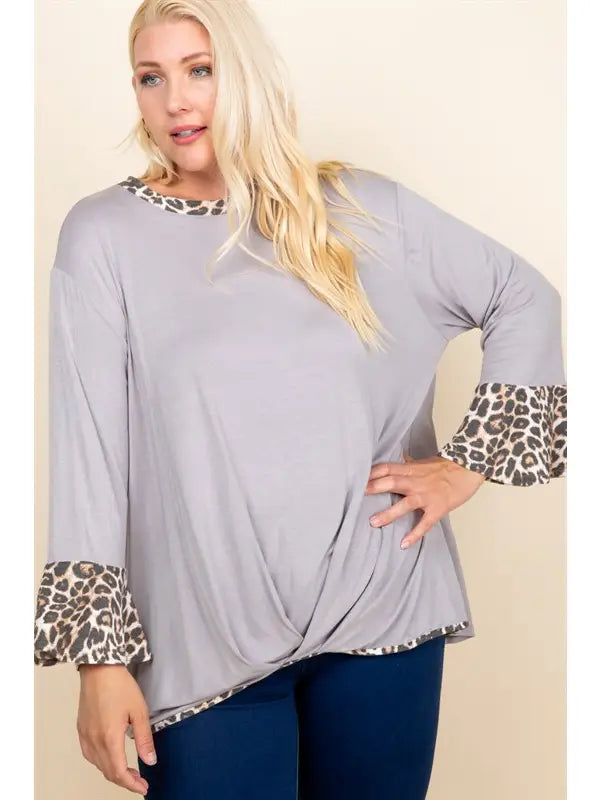 Plus Size Animal Contrast Gathered Hem Top