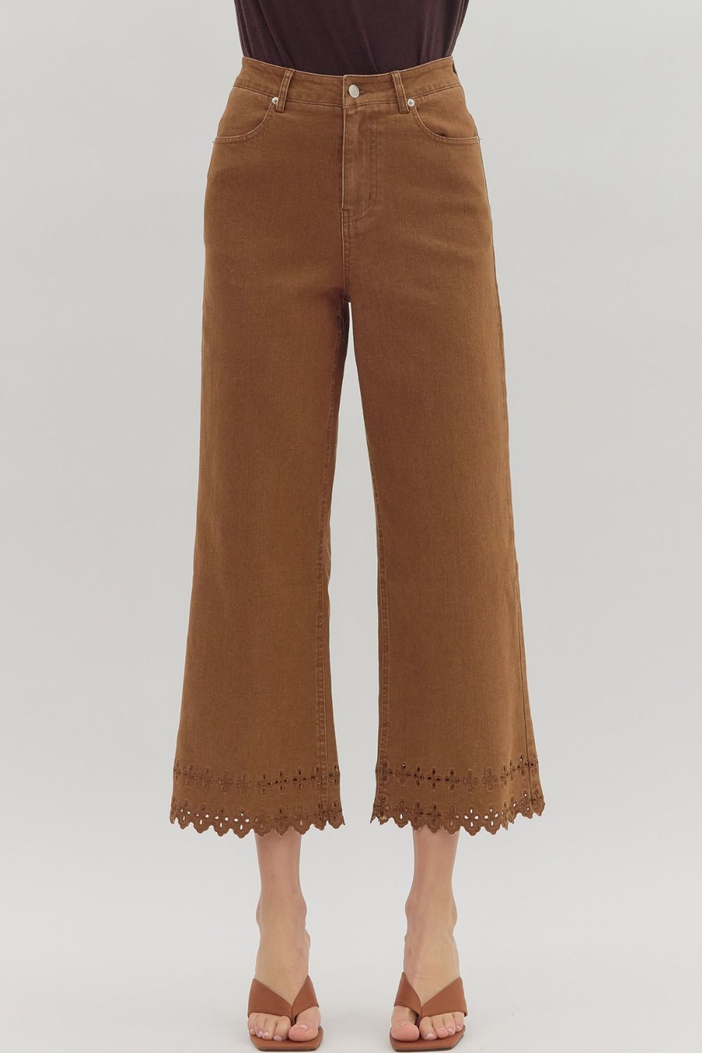 Entro Brown Denim Pants with embroidered hem