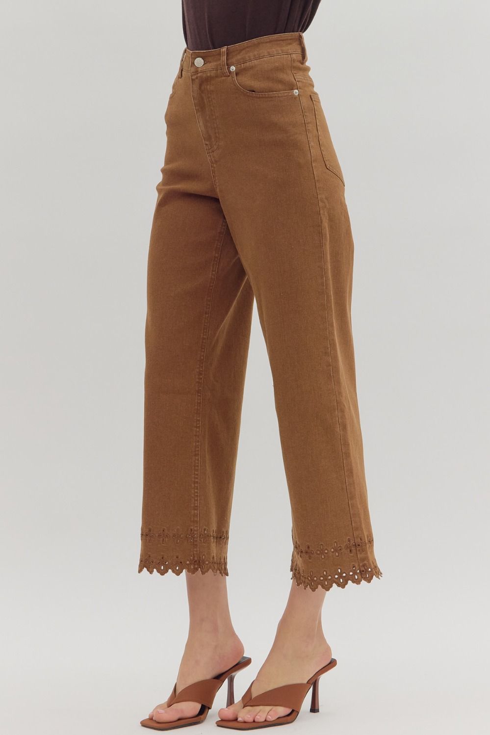 Entro Brown Denim Pants with embroidered hem
