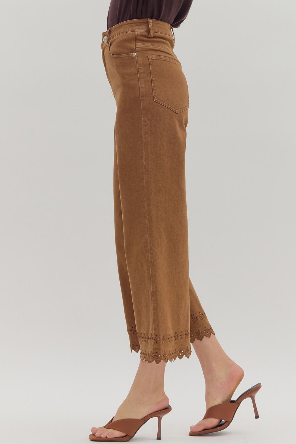 Entro Brown Denim Pants with embroidered hem