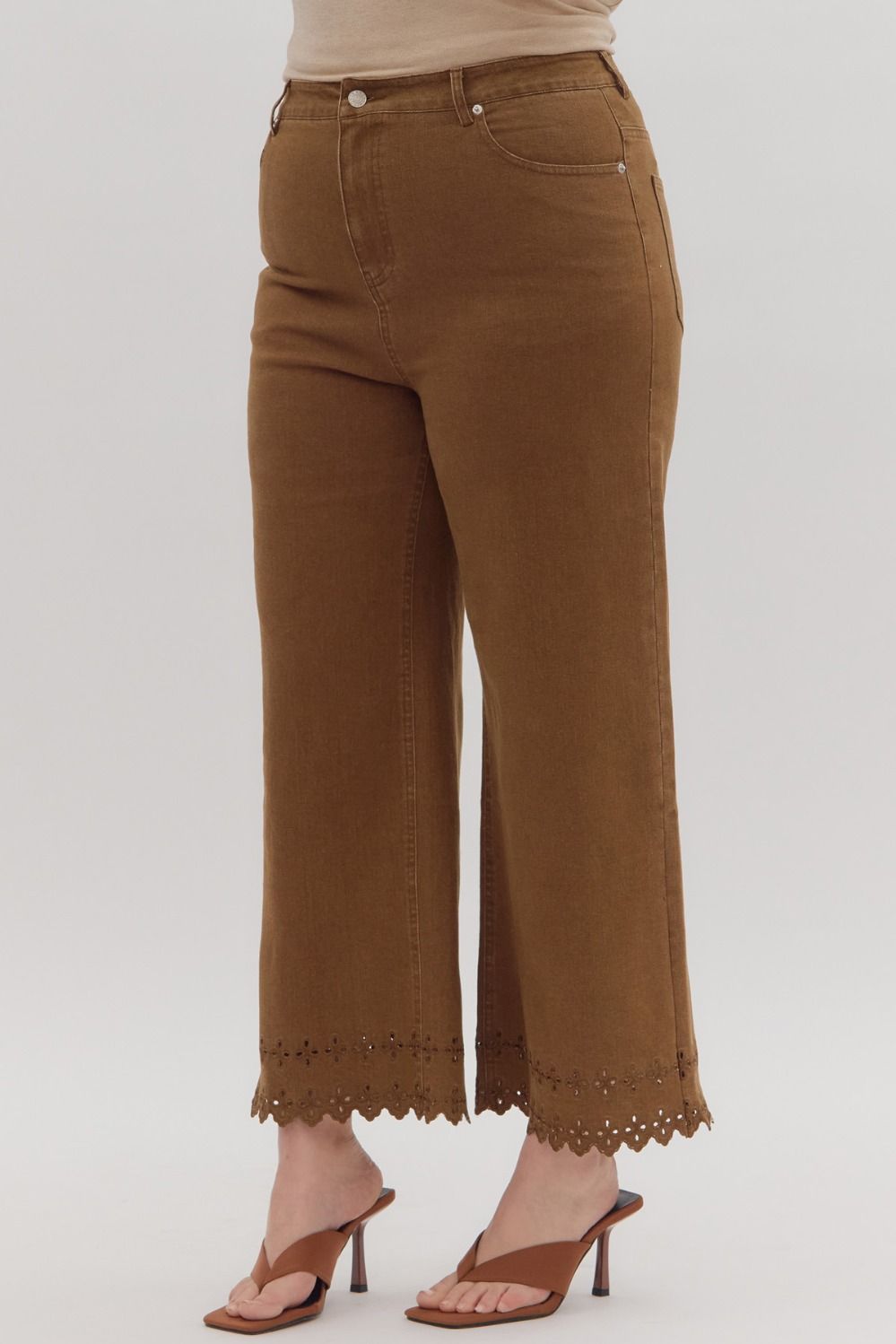 Entro Brown Denim Pants with embroidered hem