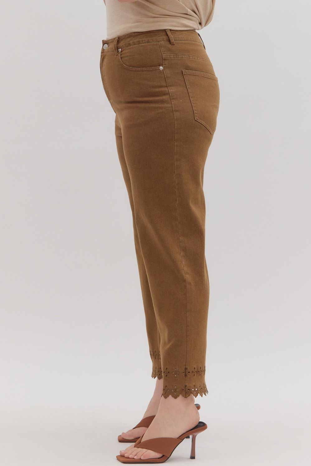 Entro Brown Denim Pants with embroidered hem