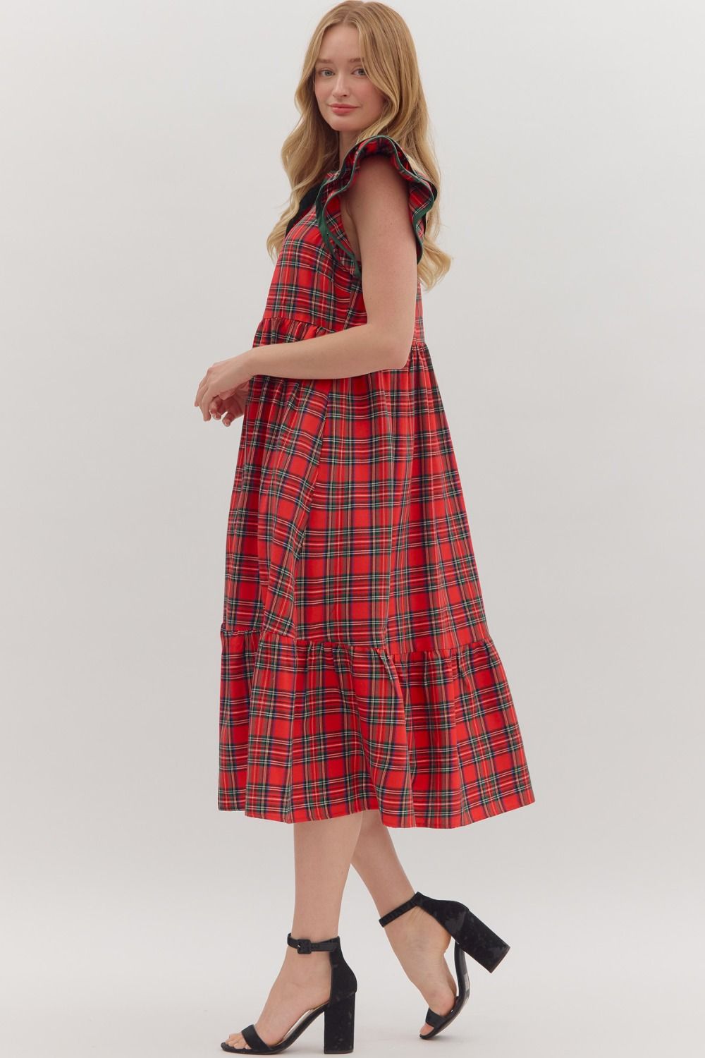 Entro Plaid Dress with Flutter Sleeves - Red