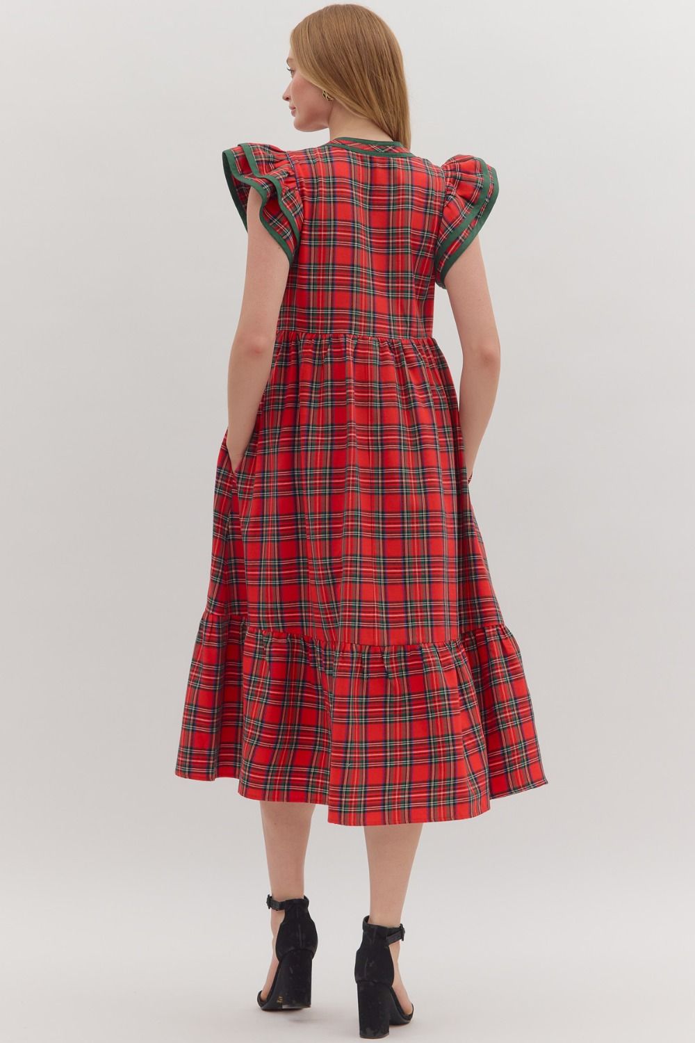 Entro Plaid Dress with Flutter Sleeves - Red