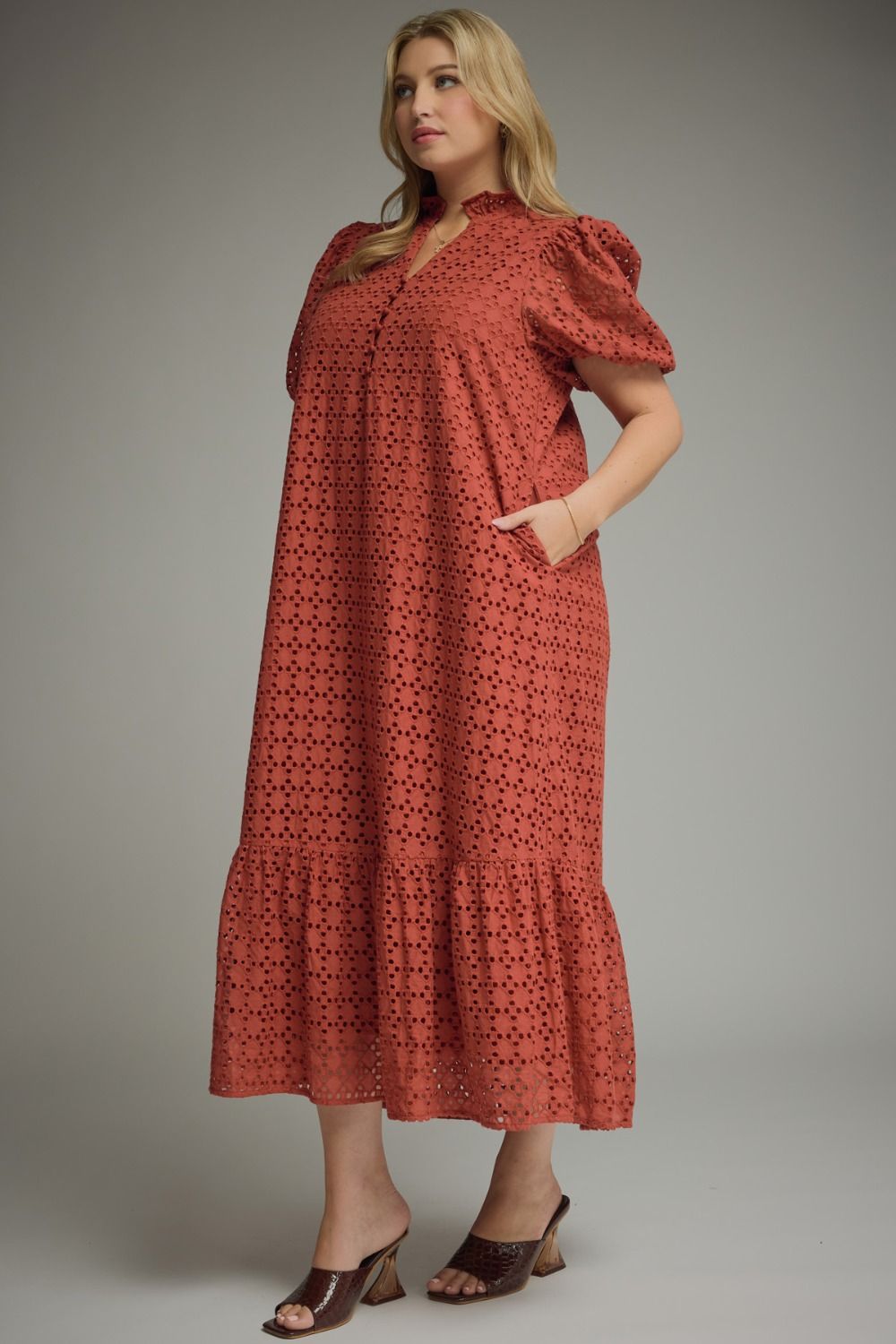 Entro Eyelet Midi Dress - Rust or Brown