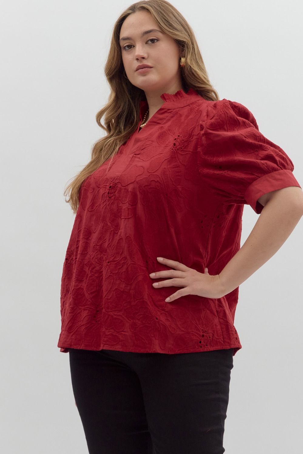 Entro Red Floral Embroidered Top - Small to 2X