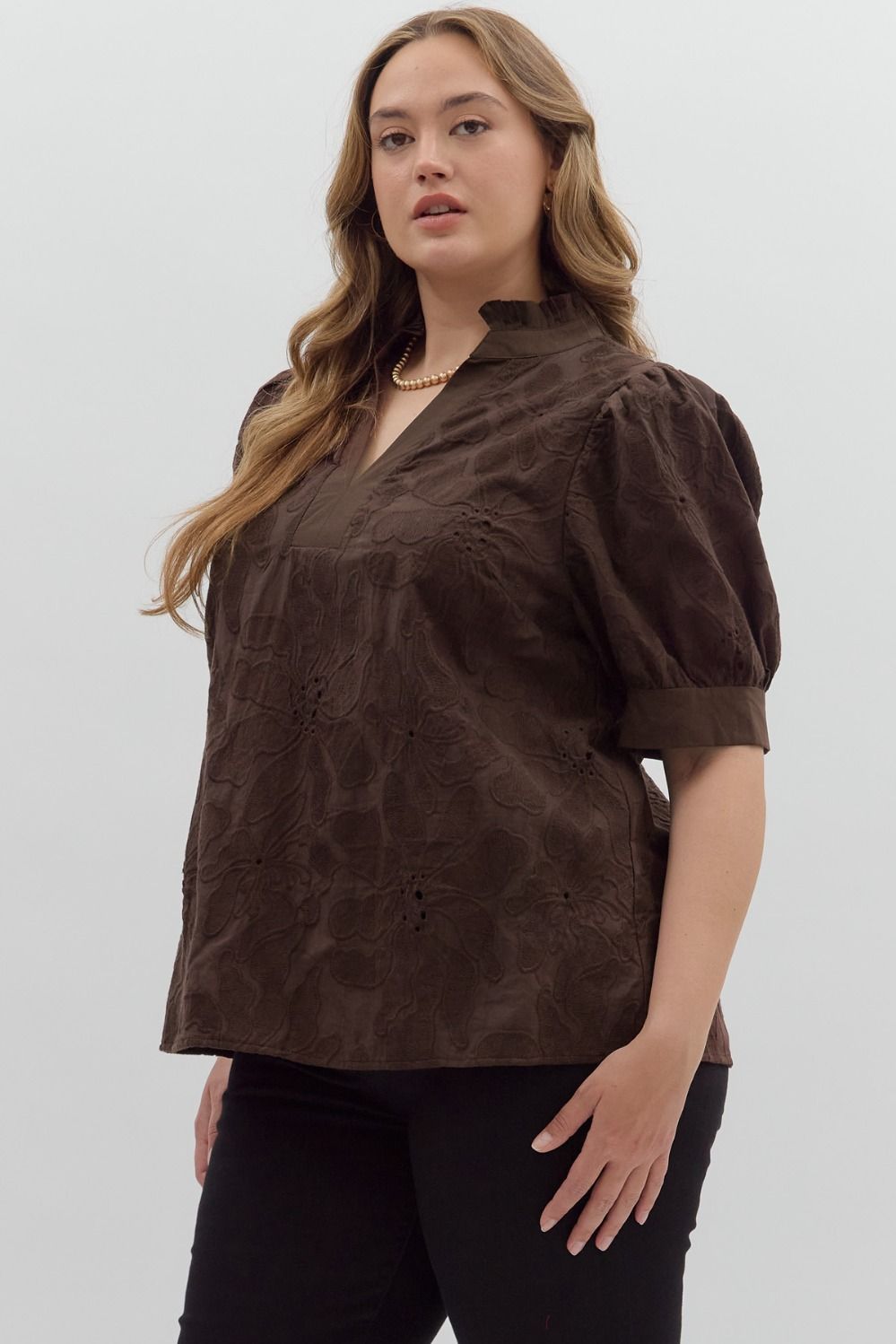 Entro Brown Floral Embroidered Top - Small to 2X