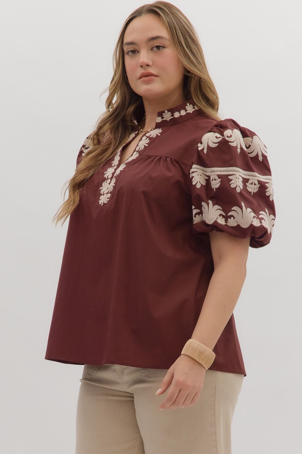 Entro Embroidered Burgundy Top - Small to 2X