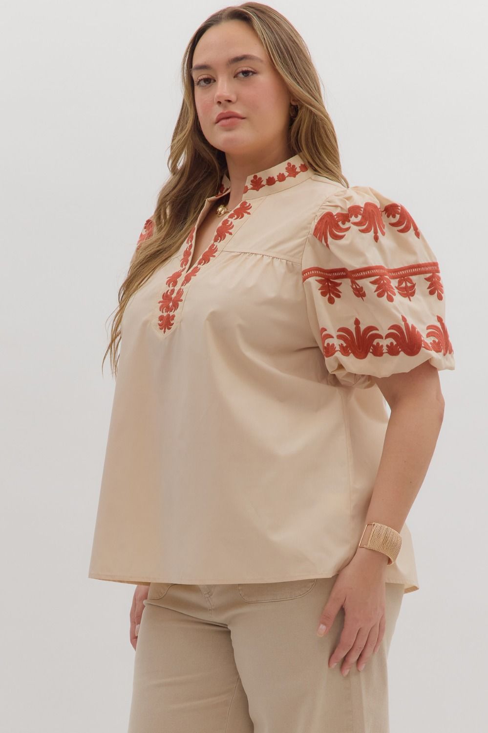 Entro Embroidered Ecru Top - Small to 2X