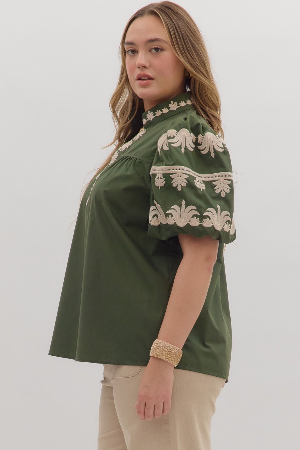 Entro Embroidered Dark Green Top - Small to 2X