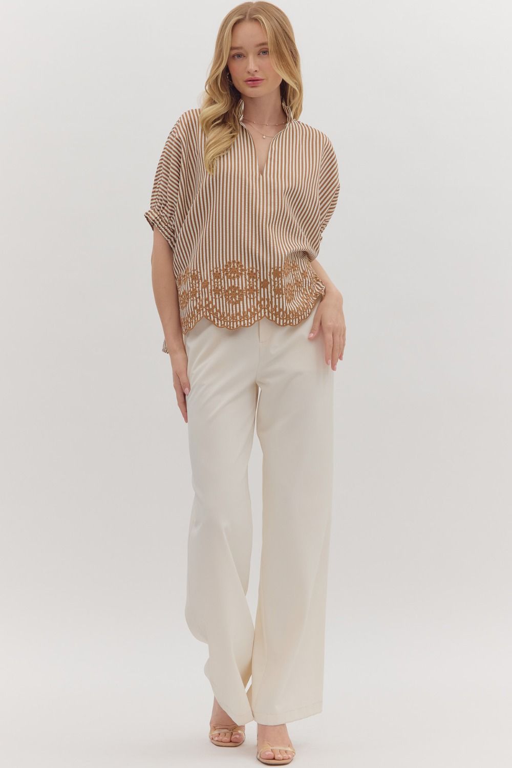 Entro striped top with embroidery and scallop hem - S-2X
