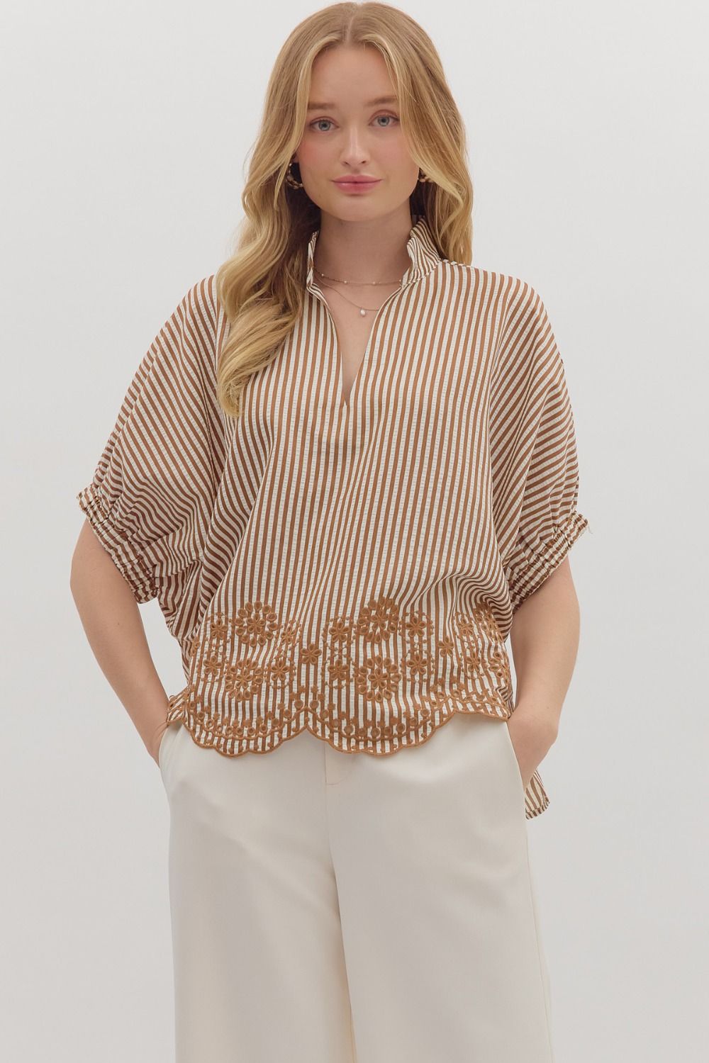 Entro striped top with embroidery and scallop hem - S-2X