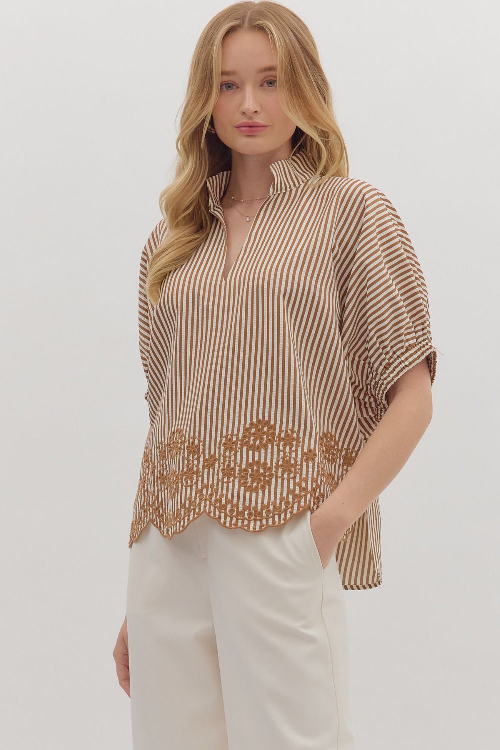 Entro striped top with embroidery and scallop hem - S-2X