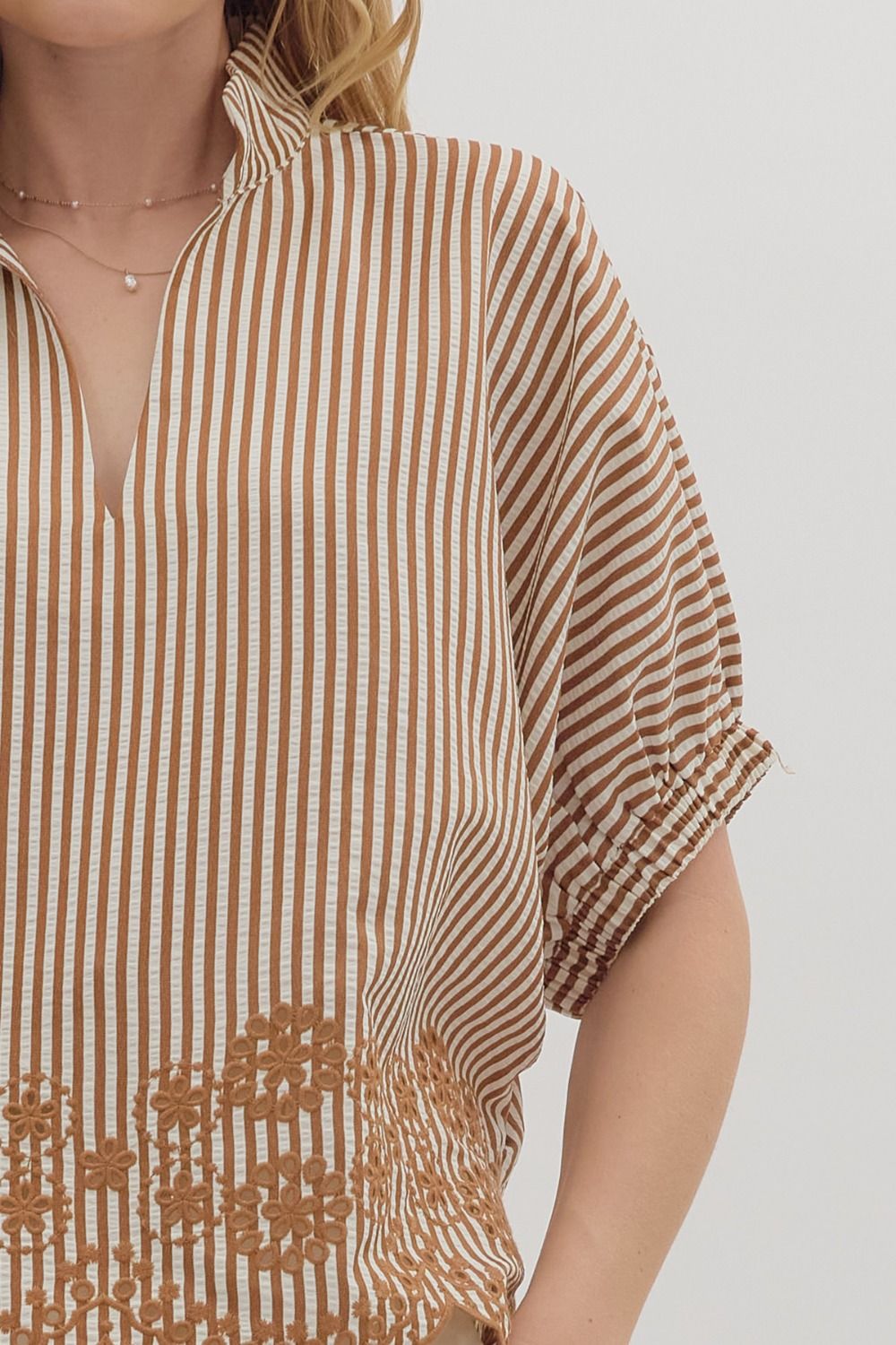 Entro striped top with embroidery and scallop hem - S-2X