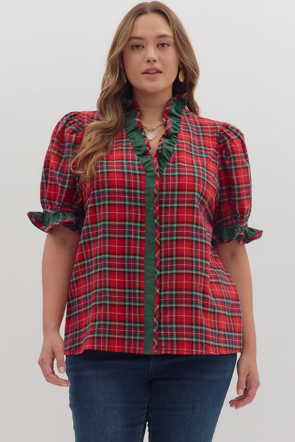 Entro Red Plaid Top with puff sleeves - Sizes S - 2X