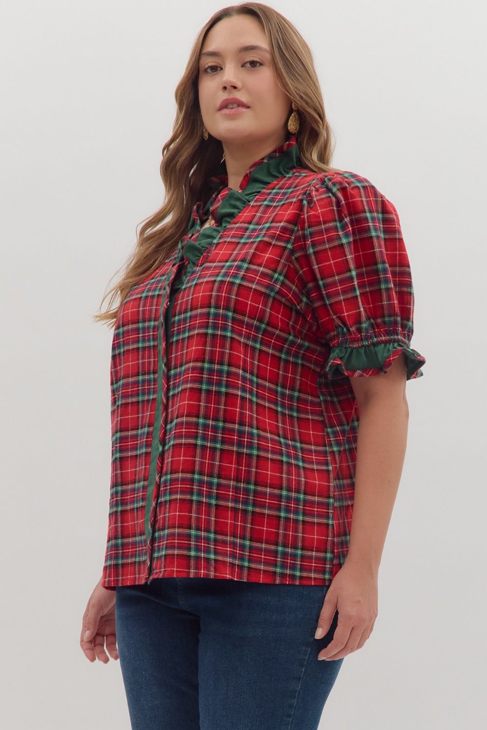Entro Red Plaid Top with puff sleeves - Sizes S - 2X