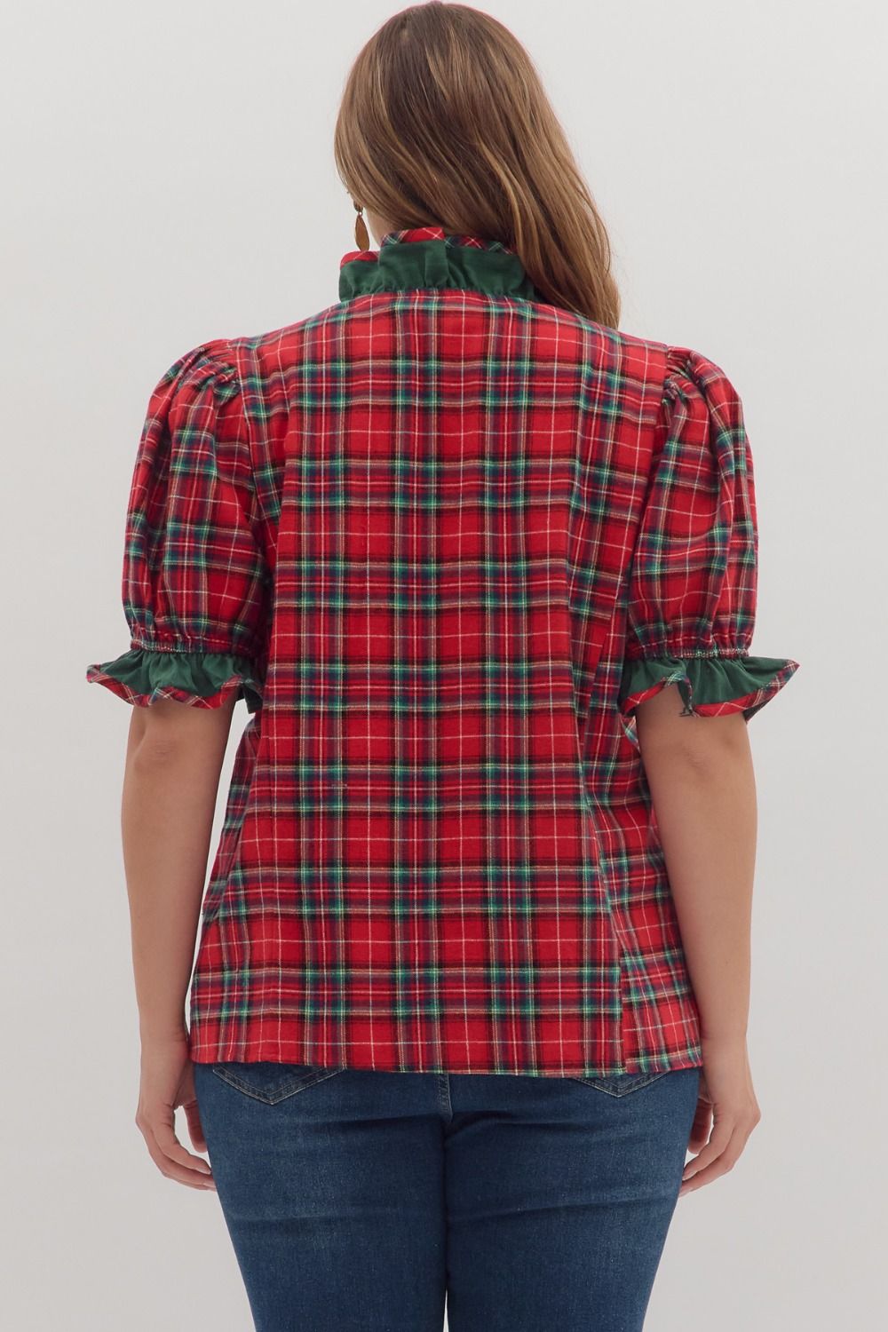 Entro Red Plaid Top with puff sleeves - Sizes S - 2X