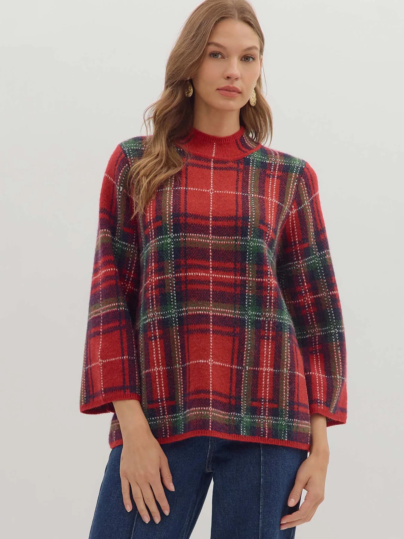 Entro Plaid Mock Neck Sweater (RED)