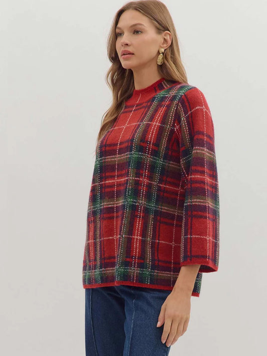 Entro Plaid Mock Neck Sweater (RED)
