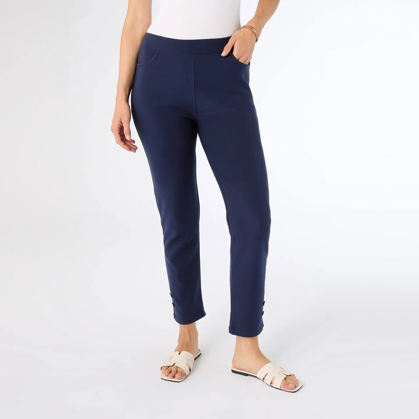 Georgie Ankle Pant with Button Bottom - Navy