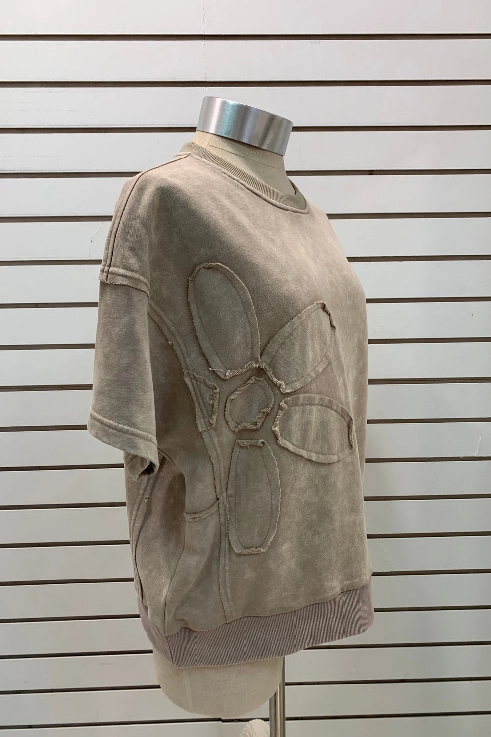 Pixi + Ivy Tan Stone Washed French Terry Top with Flower Detail