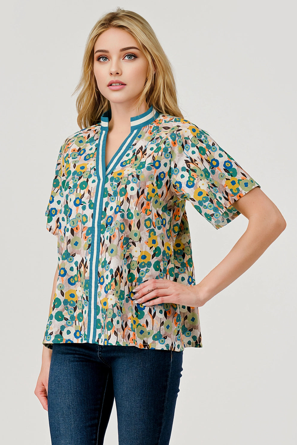 Pixi + Ivy Turquoise Floral V-neck Blouse
