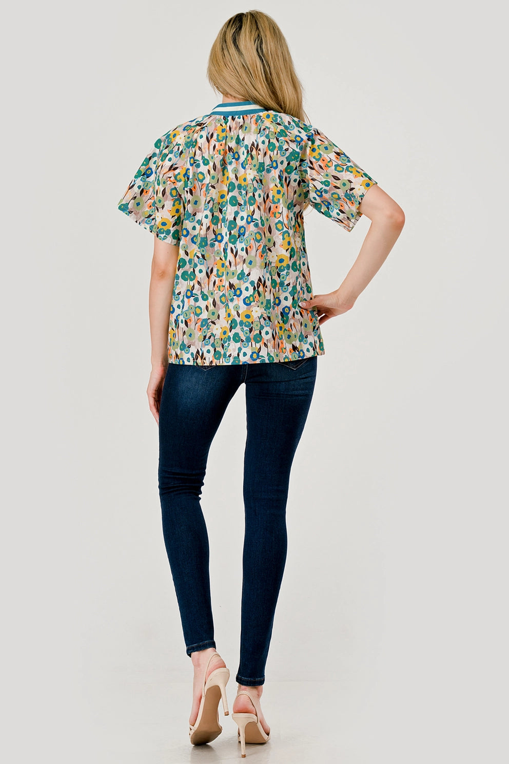 Pixi + Ivy Turquoise Floral V-neck Blouse