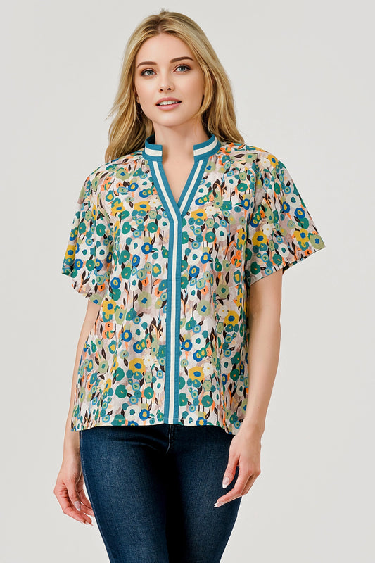 Pixi + Ivy Turquoise Floral V-neck Blouse