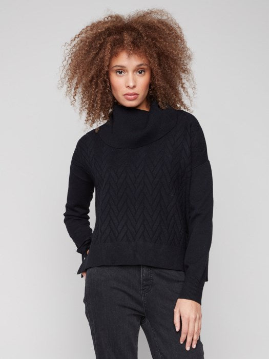 Charlie B Black Cowl Neck Chevron Knit Sweater With Side Tie