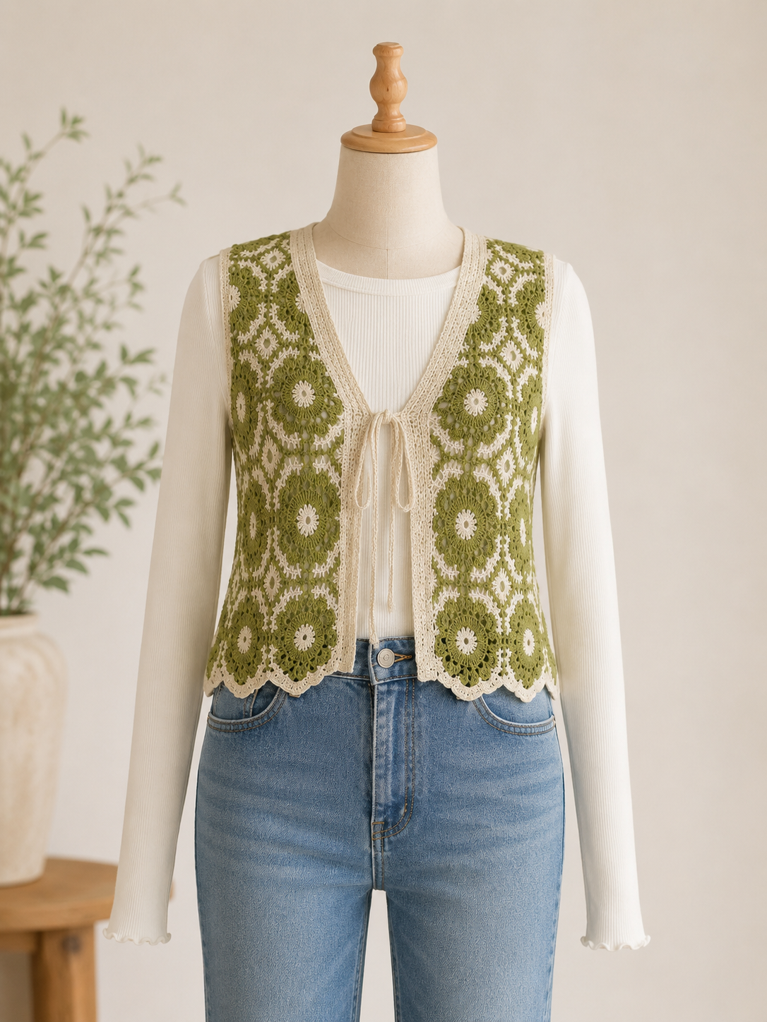 Tie Front Crochet Vest