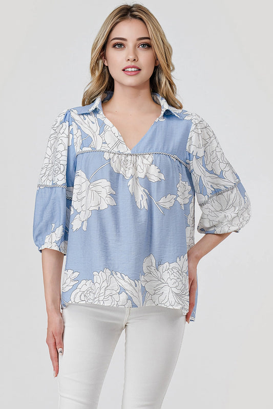 Pixi & Ivy Mellie Collared Flowy Top Blue Floral Print