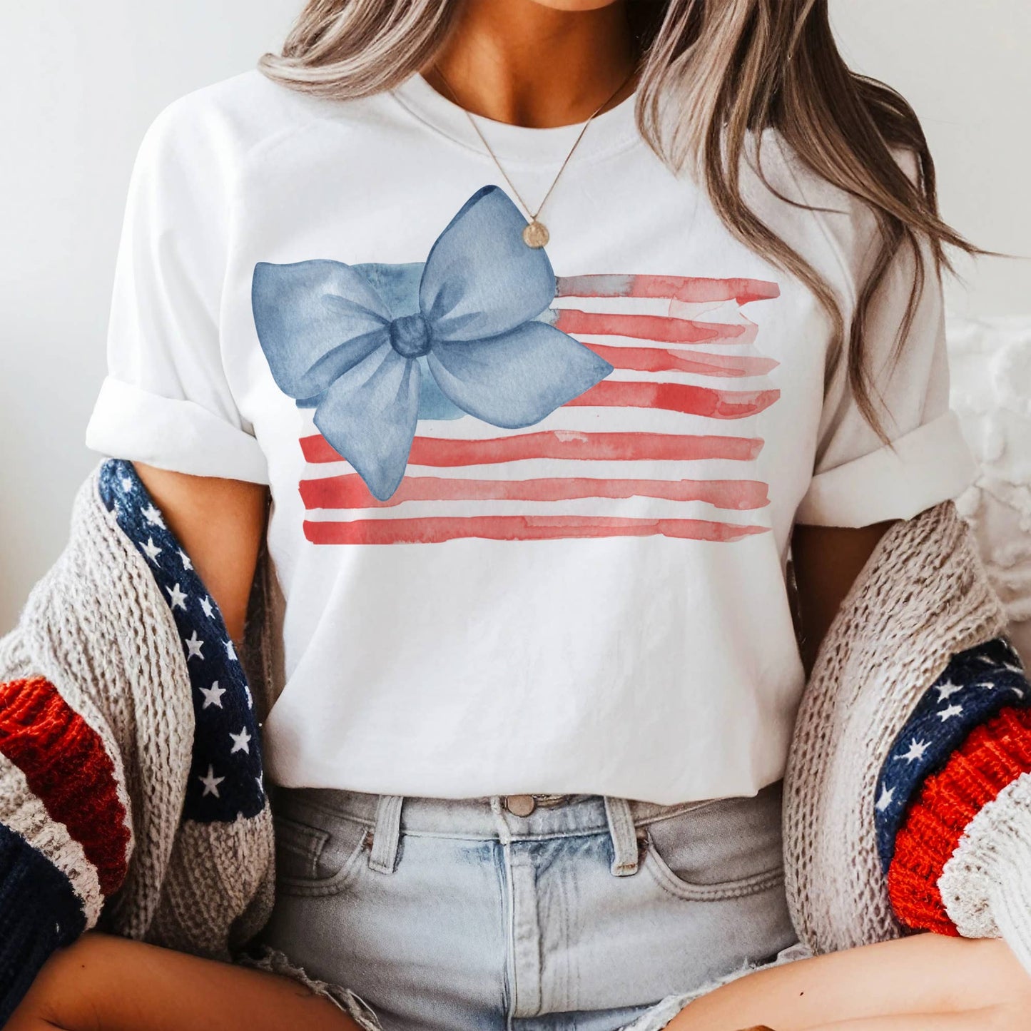 USA Flag Blue Bow Watercolor Patriotic Holiday Graphic Tee