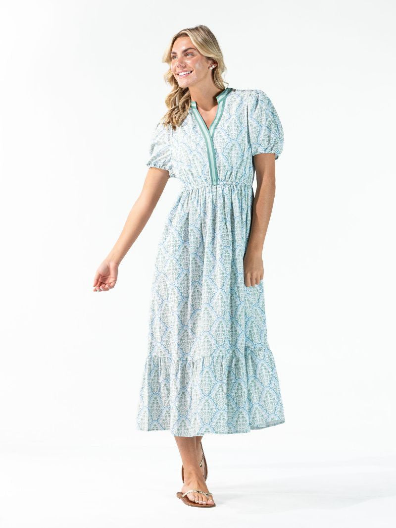 Simply Southern Prim Y-Neck Maxi Dress - Scalloped Flowers