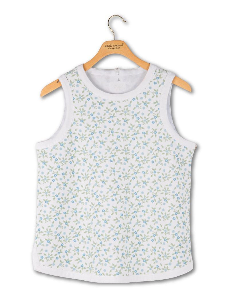 Front view of Simply Southern Floral Printed Tank Top with contrasting sleeve and hem details, soft and breathable, relaxed fit for casual or everyday wear.