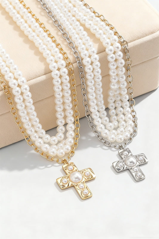 Notable Hammered Cross Multi-Wrap Pearl Necklace - Gold or Silver