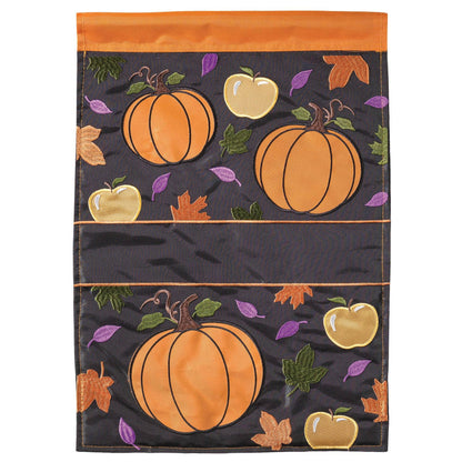 Burlap Garden Flag - Black with orange and purple leaves, apples, pumpkins