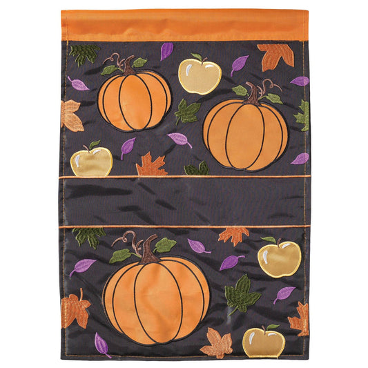 Burlap Garden Flag - Black with orange and purple leaves, apples, pumpkins