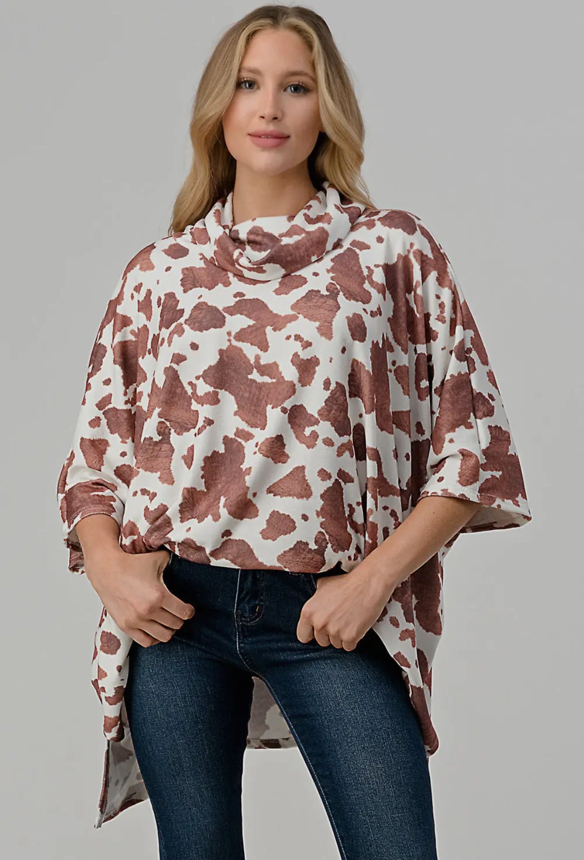 Short Sleeve Oversized Cowl Neck Poncho Sweater Cow Print