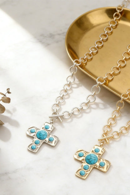 Notable Hammered Cross Toggle Necklace - gold or silver