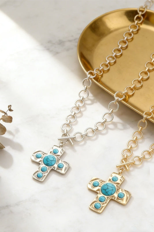 Notable Hammered Cross Toggle Necklace - gold or silver