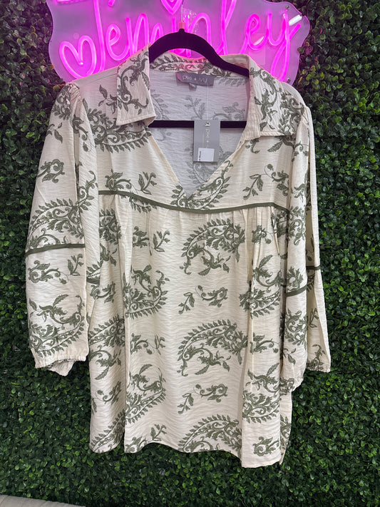 Pixi + Ivy Olive Vintage Print V-neck Blouse